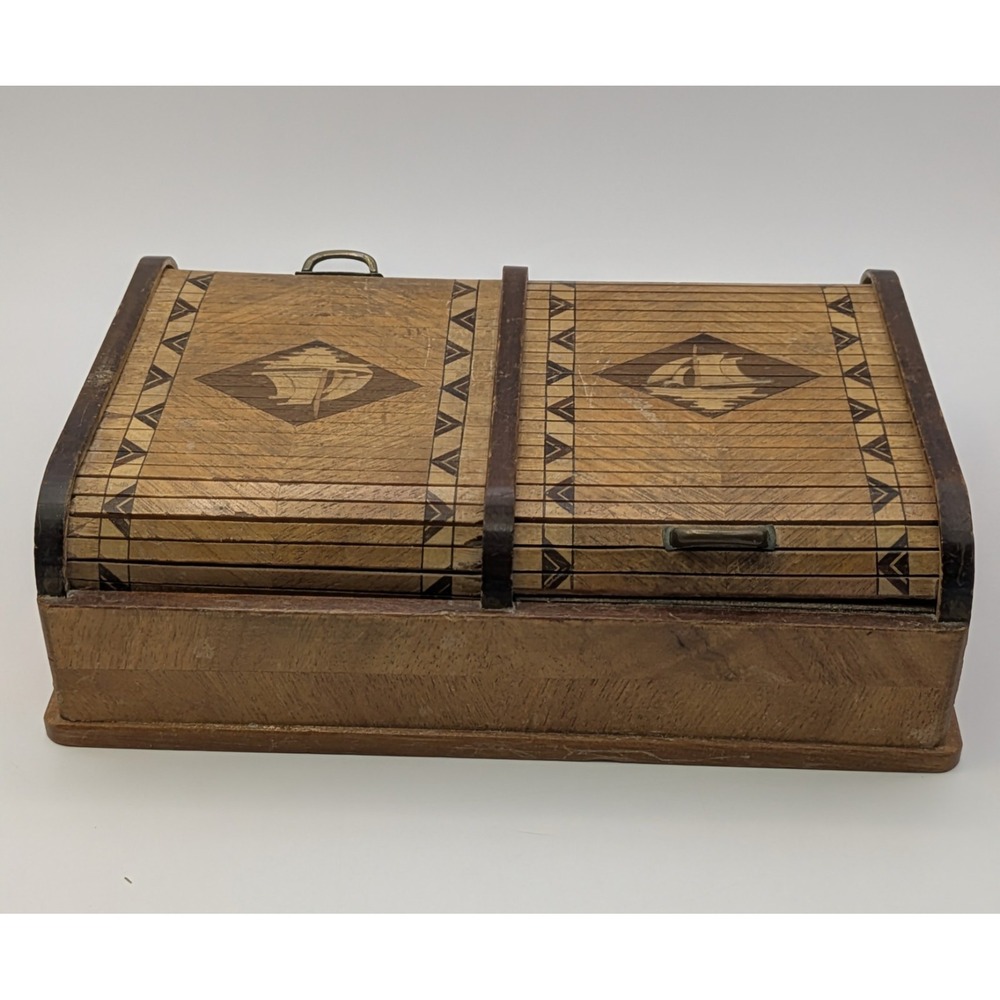 Vintage Japanese‎ Roll Top Box Cigarette Trinket Sailboat Wooden